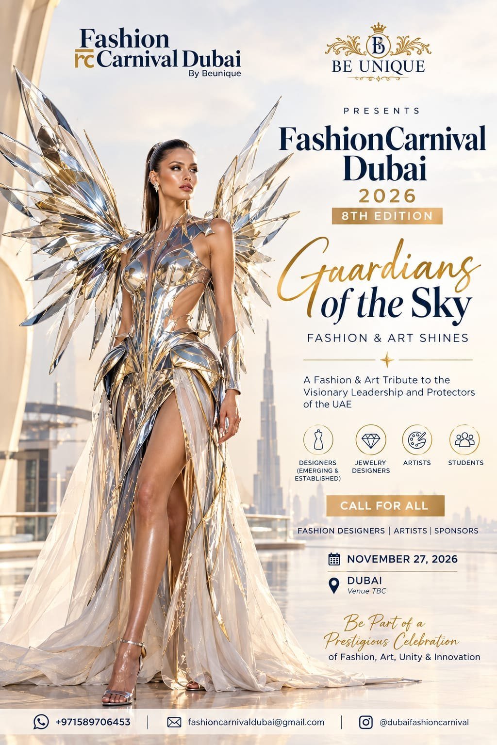 Fashion Carnival Dubai 2026, 8th Edition — Guardians of the Sky. 27 November 2026, Dubai.